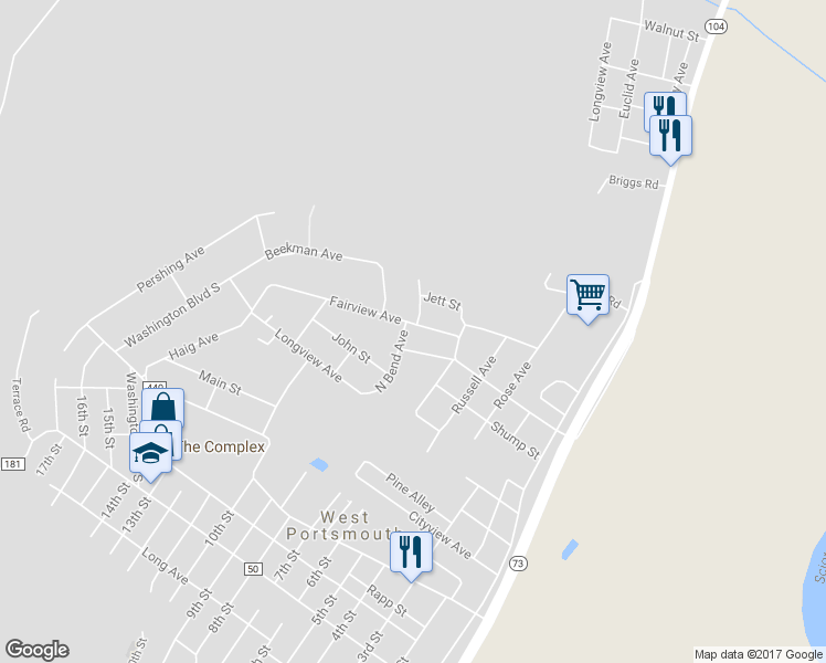 map of restaurants, bars, coffee shops, grocery stores, and more near 716 Washington Boulevard North in West Portsmouth