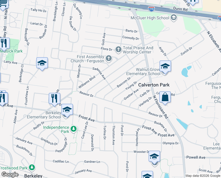 map of restaurants, bars, coffee shops, grocery stores, and more near 169 Bascom Drive in St. Louis