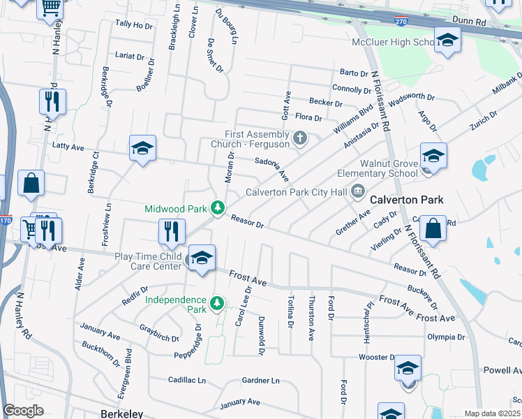 map of restaurants, bars, coffee shops, grocery stores, and more near 234 Anistasia Drive in St. Louis