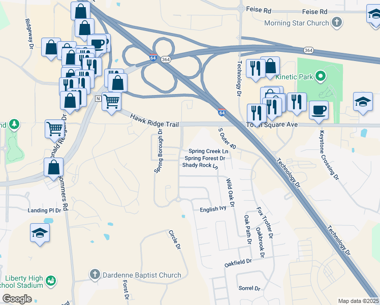 map of restaurants, bars, coffee shops, grocery stores, and more near 4101 Spring Creek Lane in O'Fallon