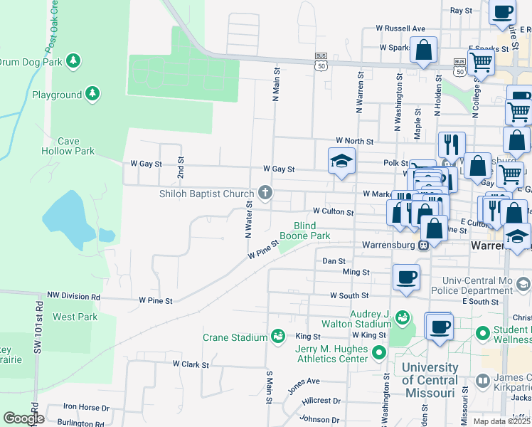 map of restaurants, bars, coffee shops, grocery stores, and more near 201 North Main Street in Warrensburg