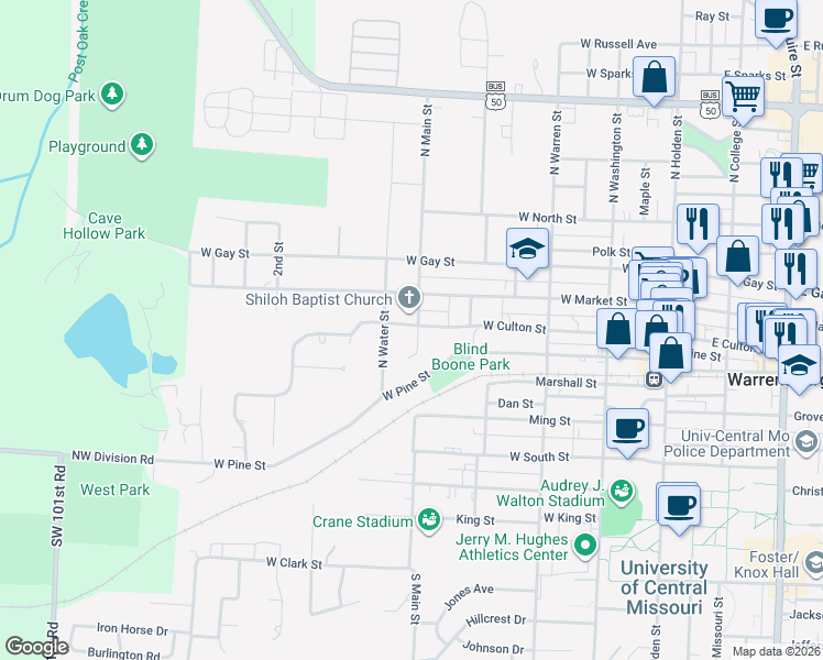 map of restaurants, bars, coffee shops, grocery stores, and more near 201 North Main Street in Warrensburg