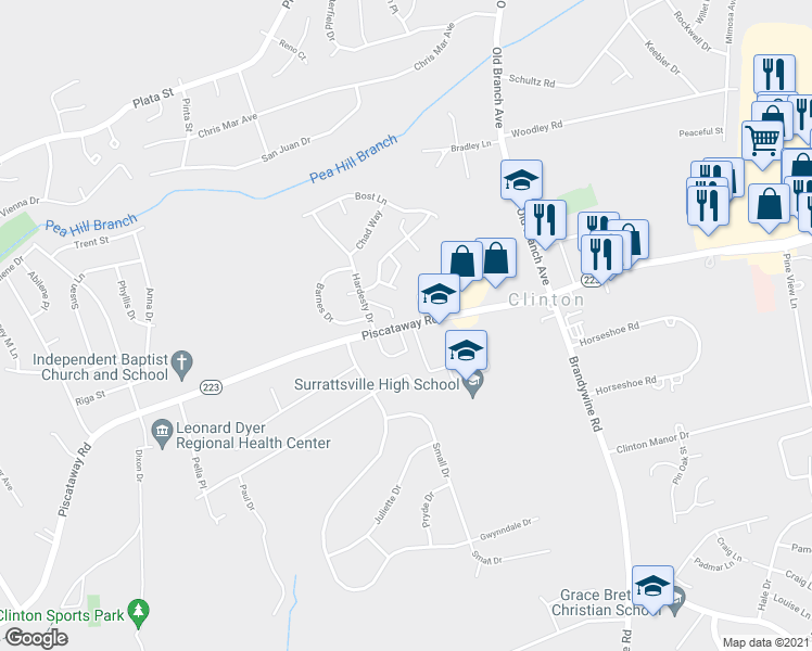 map of restaurants, bars, coffee shops, grocery stores, and more near 9151 Piscataway Road in Clinton