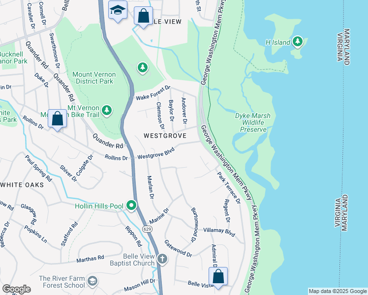 map of restaurants, bars, coffee shops, grocery stores, and more near 1209 Westgrove Boulevard in Alexandria