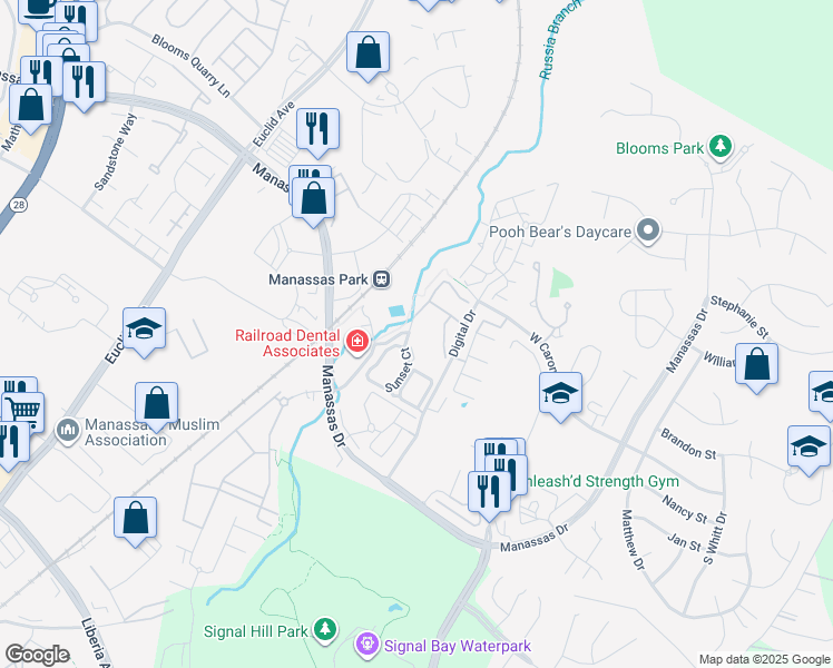 map of restaurants, bars, coffee shops, grocery stores, and more near 9430 Russia Branch View Drive in Manassas Park