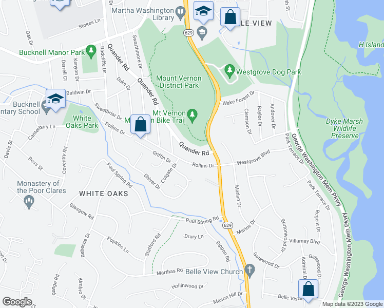 map of restaurants, bars, coffee shops, grocery stores, and more near 7032 Quander Road in Alexandria