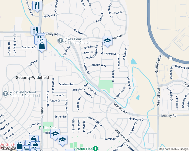 map of restaurants, bars, coffee shops, grocery stores, and more near 5348 Marabou Way in Colorado Springs