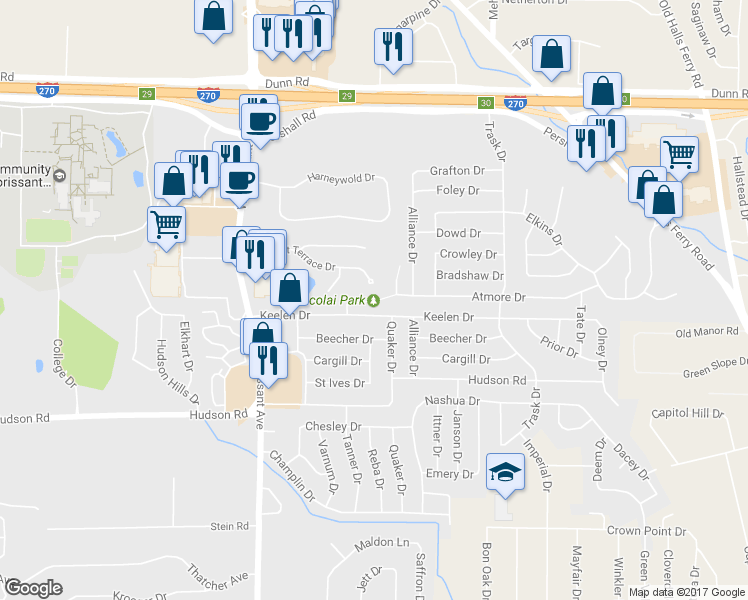 map of restaurants, bars, coffee shops, grocery stores, and more near 1641 Atmore Drive in St. Louis