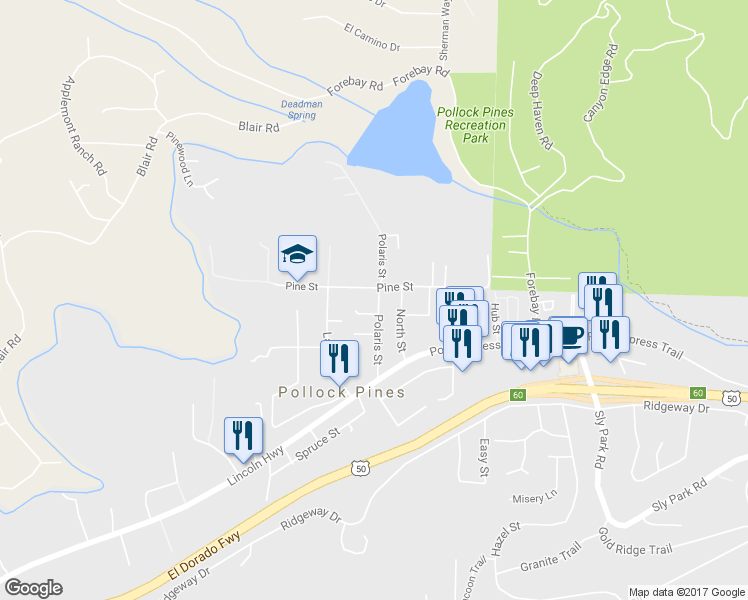 map of restaurants, bars, coffee shops, grocery stores, and more near 2870 Polaris Street in Pollock Pines