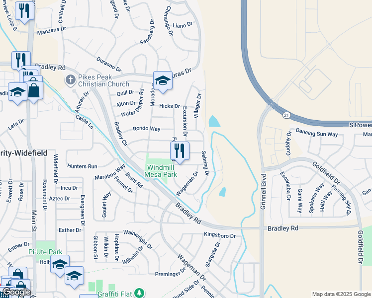 map of restaurants, bars, coffee shops, grocery stores, and more near 5640 Marabou Way in Colorado Springs