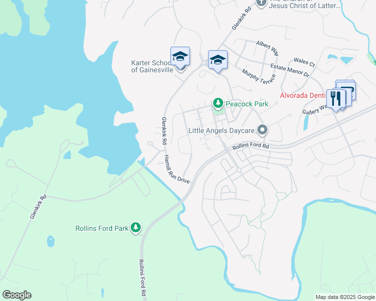 map of restaurants, bars, coffee shops, grocery stores, and more near 14341 Meagan Loop in Gainesville