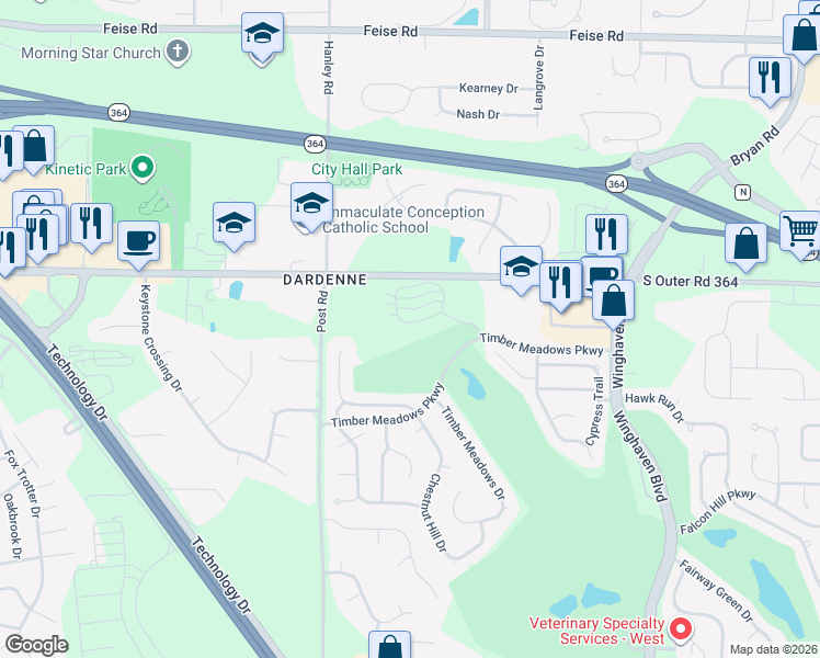 map of restaurants, bars, coffee shops, grocery stores, and more near 639 Timber Creek Trail in O'Fallon
