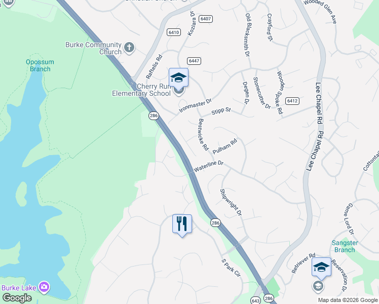 map of restaurants, bars, coffee shops, grocery stores, and more near 6616 State Route 5884 in Burke