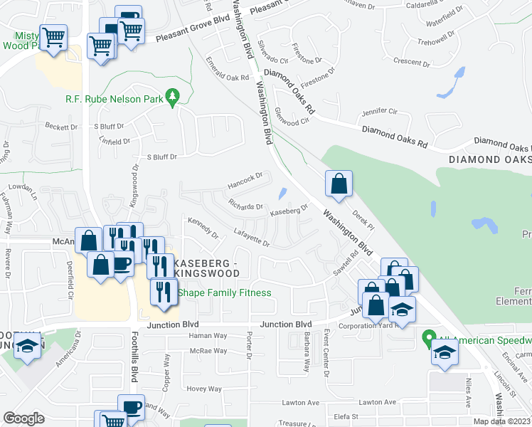 map of restaurants, bars, coffee shops, grocery stores, and more near 111 Kaseberg Drive in Roseville