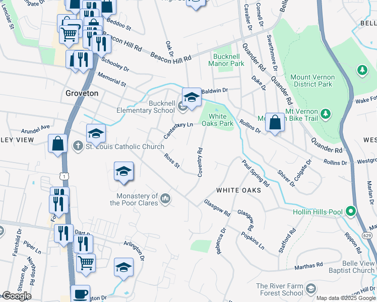 map of restaurants, bars, coffee shops, grocery stores, and more near 7033 Stanford Drive in Alexandria
