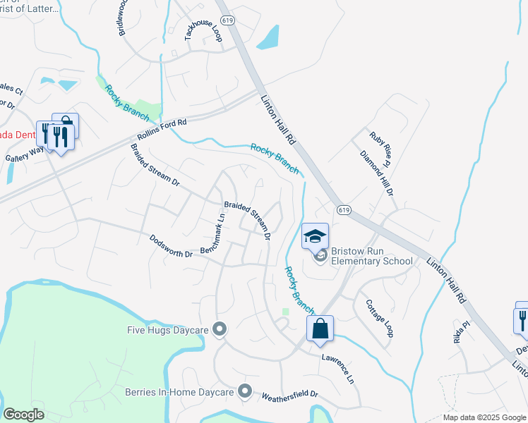 map of restaurants, bars, coffee shops, grocery stores, and more near 13426 Catapult Lane in Bristow