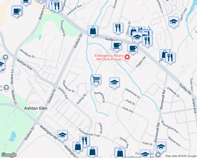 map of restaurants, bars, coffee shops, grocery stores, and more near 8933 Rolling Road in Manassas