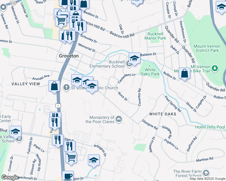 map of restaurants, bars, coffee shops, grocery stores, and more near 2517 Ross Street in Alexandria