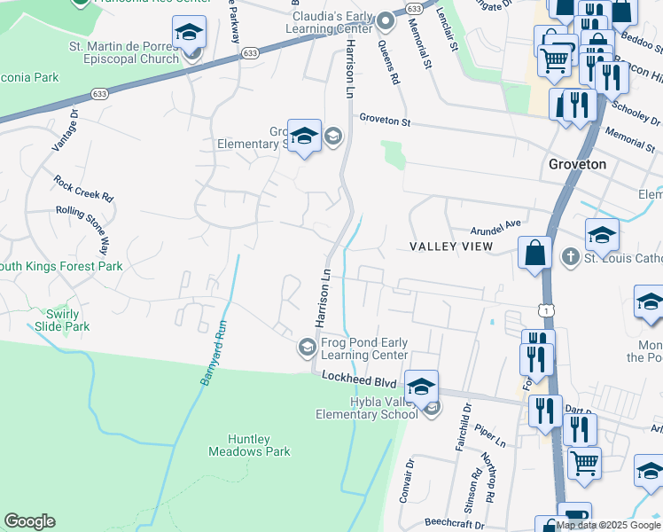 map of restaurants, bars, coffee shops, grocery stores, and more near 3574 Huntley Manor Lane in Alexandria