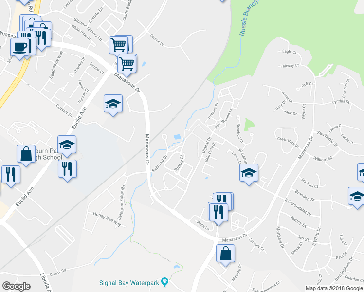 map of restaurants, bars, coffee shops, grocery stores, and more near Russia Branch View Drive in Manassas