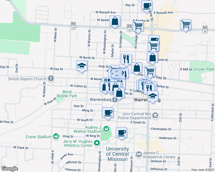 map of restaurants, bars, coffee shops, grocery stores, and more near 143 West Culton Street in Warrensburg