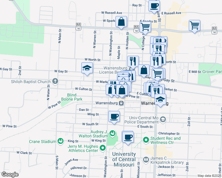 map of restaurants, bars, coffee shops, grocery stores, and more near 143 West Culton Street in Warrensburg
