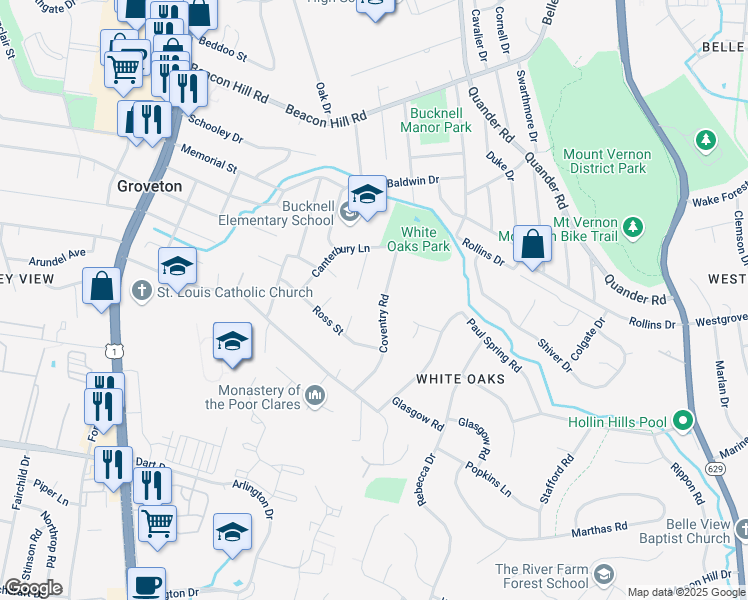 map of restaurants, bars, coffee shops, grocery stores, and more near 7024 Coventry Road in Alexandria
