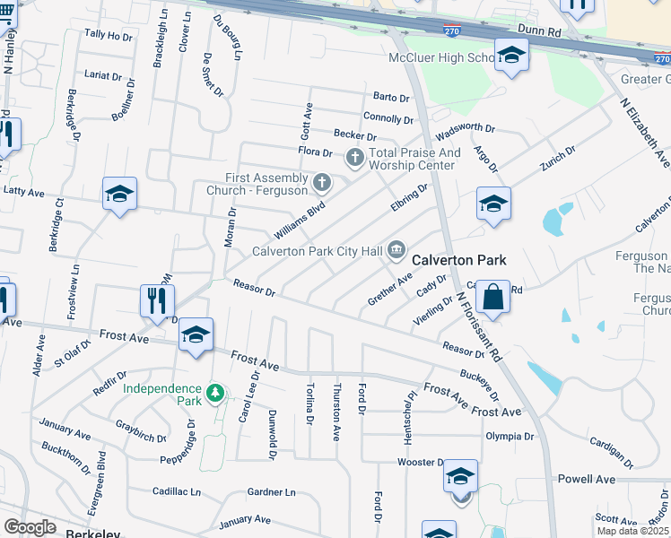 map of restaurants, bars, coffee shops, grocery stores, and more near 181 Bascom Drive in St. Louis
