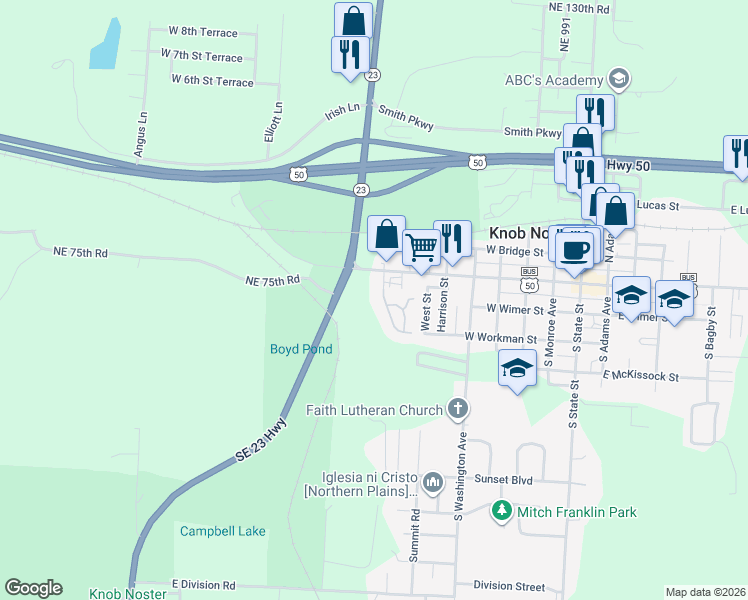 map of restaurants, bars, coffee shops, grocery stores, and more near 703 Deerbrook Circle in Knob Noster