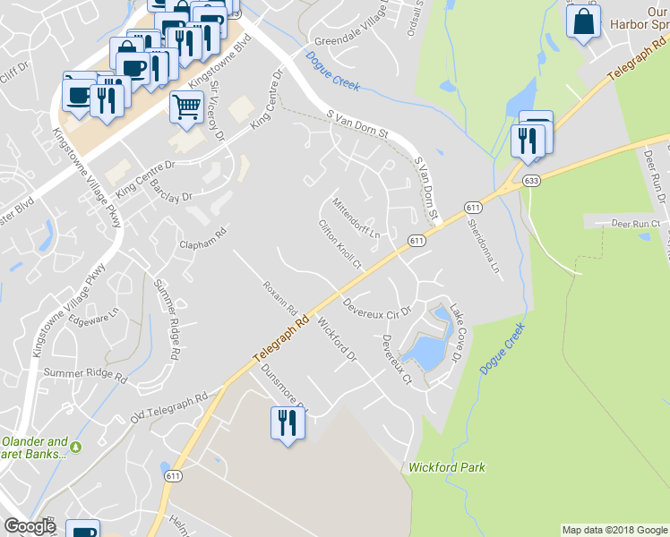 map of restaurants, bars, coffee shops, grocery stores, and more near 7027 Highland Meadows Court in Alexandria