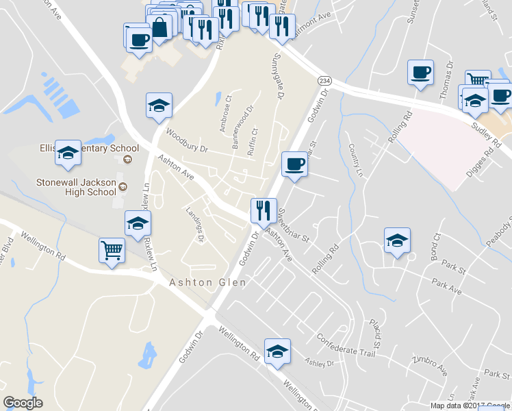 map of restaurants, bars, coffee shops, grocery stores, and more near 8867 Teakwood Court in Manassas