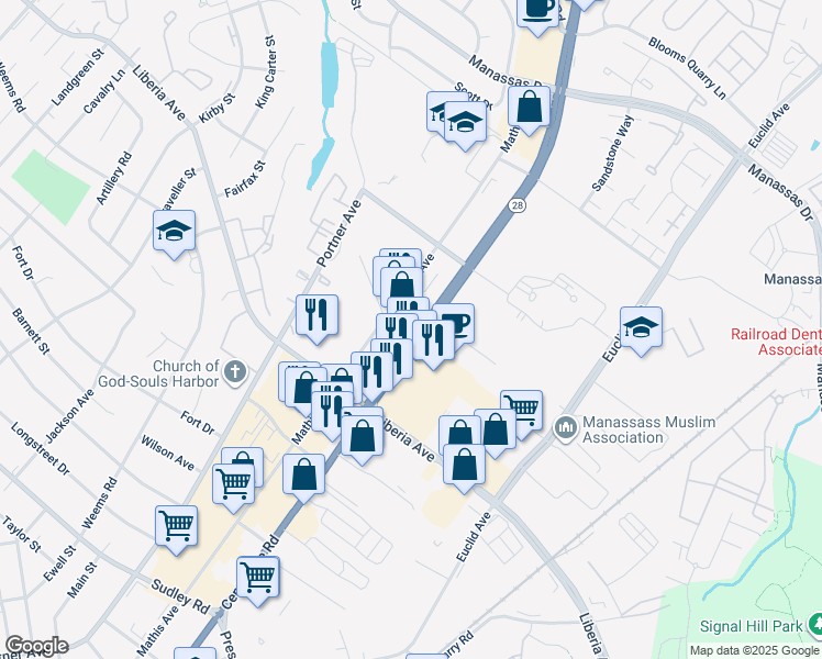 map of restaurants, bars, coffee shops, grocery stores, and more near 8784 Centreville Road in Manassas