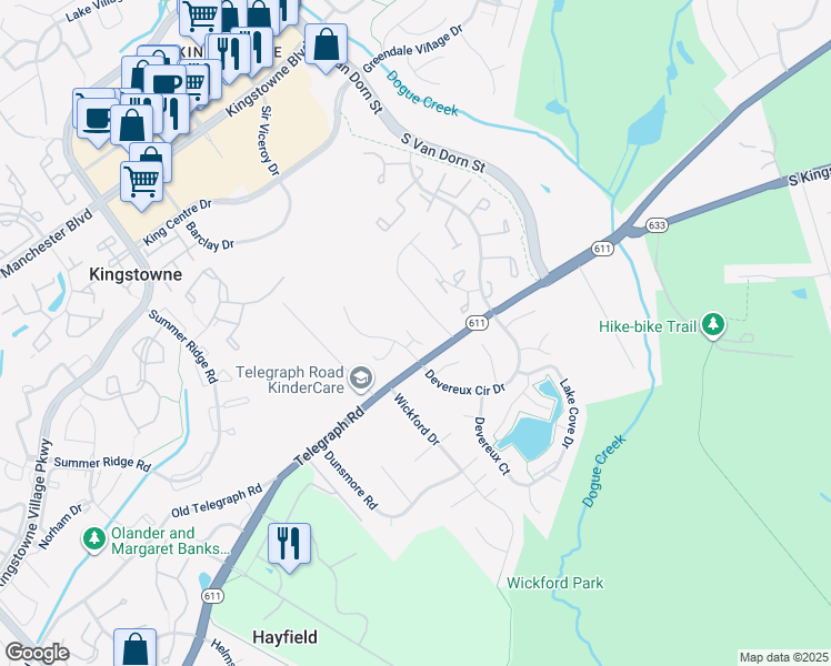 map of restaurants, bars, coffee shops, grocery stores, and more near 7027 Highland Meadows Court in Alexandria