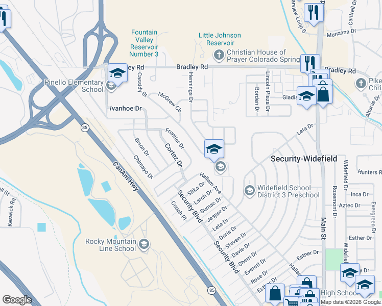 map of restaurants, bars, coffee shops, grocery stores, and more near 4658 Cassidy Street in Colorado Springs