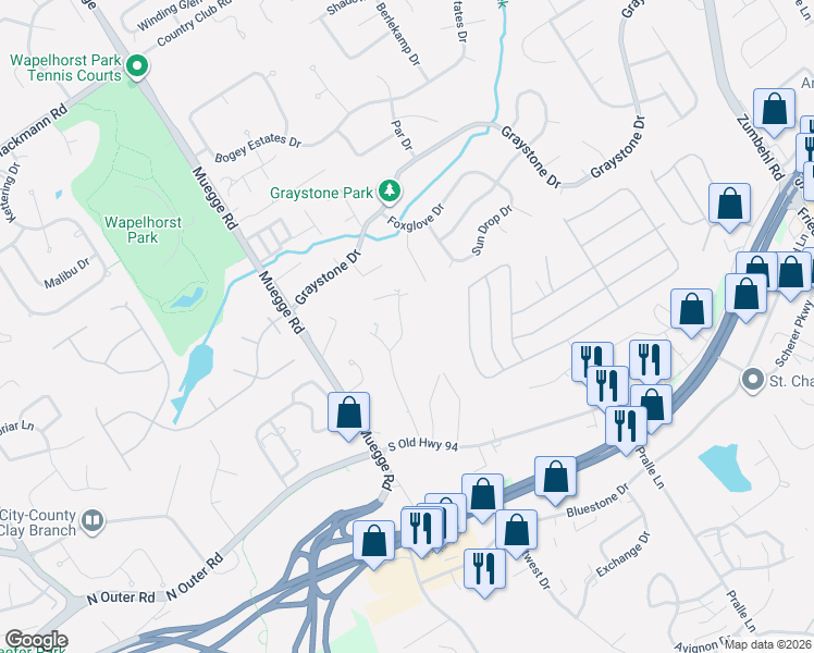 map of restaurants, bars, coffee shops, grocery stores, and more near 224 Diekamp Lane in Saint Charles
