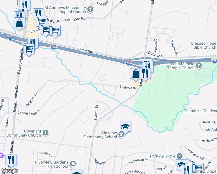 map of restaurants, bars, coffee shops, grocery stores, and more near 1230 Belgrove Drive in St. Louis