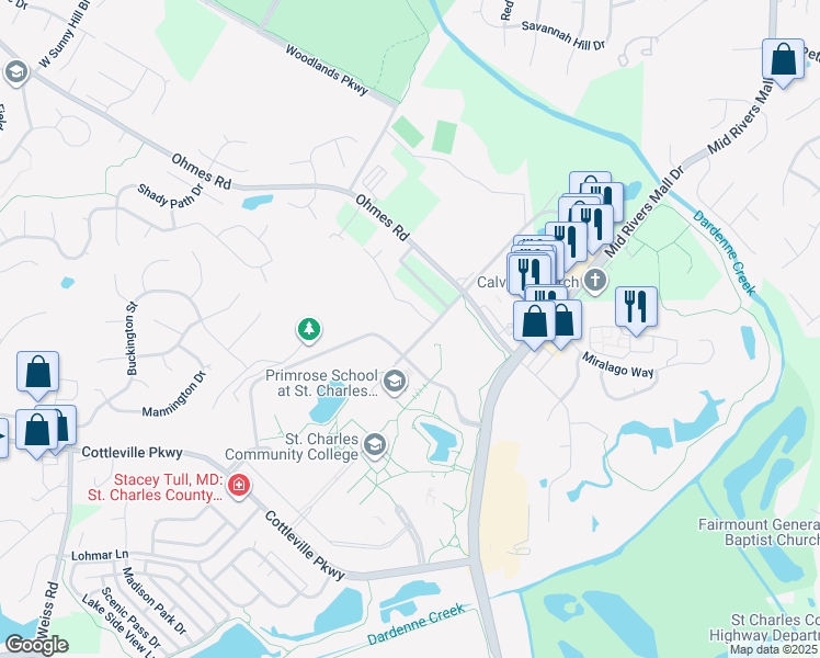 map of restaurants, bars, coffee shops, grocery stores, and more near 1517 Saint Peters Cottleville Road in Cottleville