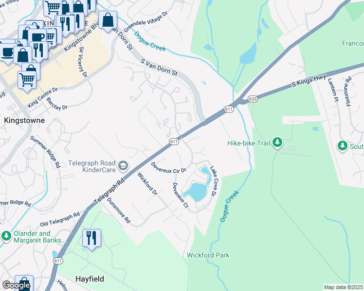 map of restaurants, bars, coffee shops, grocery stores, and more near 7002 Devereux Circle Drive in Alexandria