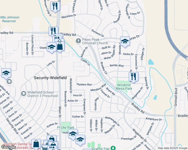 map of restaurants, bars, coffee shops, grocery stores, and more near 4630 Brant Road in Colorado Springs