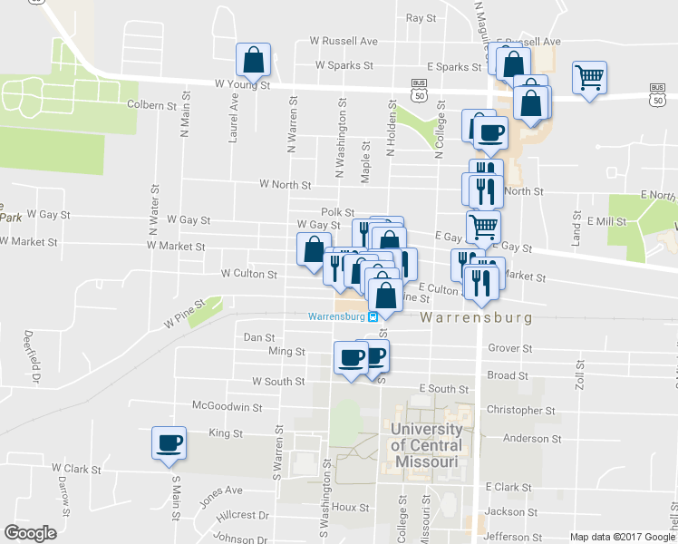 map of restaurants, bars, coffee shops, grocery stores, and more near 143 West Culton Street in Warrensburg