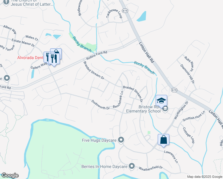 map of restaurants, bars, coffee shops, grocery stores, and more near 8858 Stable Forest Place in Bristow
