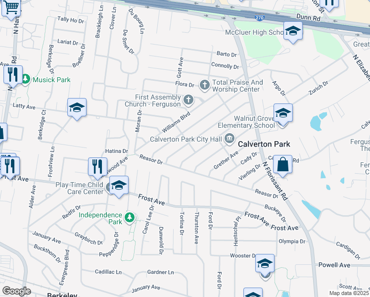 map of restaurants, bars, coffee shops, grocery stores, and more near 223 Elbring Drive in St. Louis