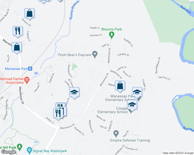 map of restaurants, bars, coffee shops, grocery stores, and more near 9203 Greenshire Drive in Manassas Park