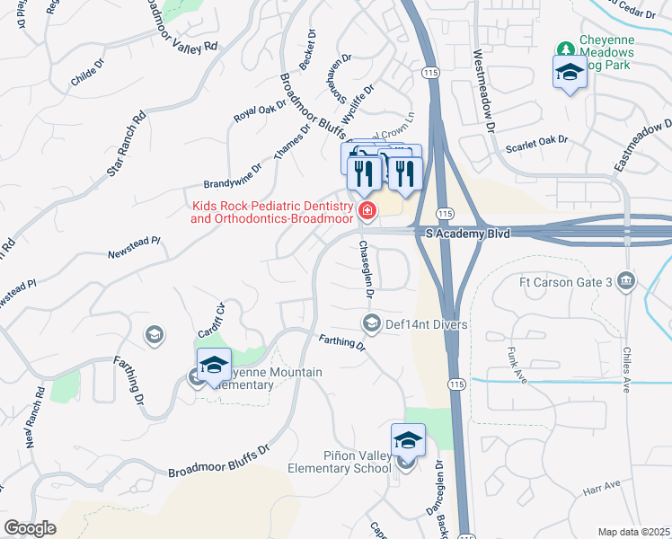 map of restaurants, bars, coffee shops, grocery stores, and more near 625 Coveglen Court in Colorado Springs