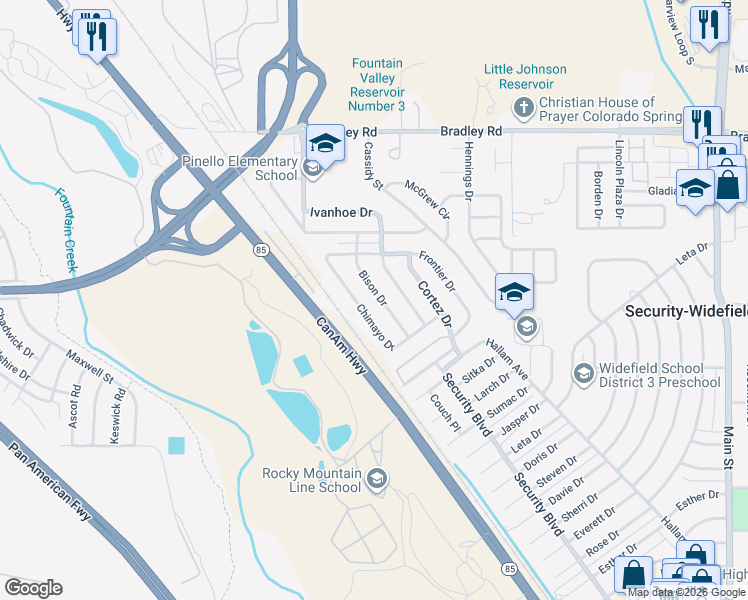 map of restaurants, bars, coffee shops, grocery stores, and more near 2238 Bison Drive in Colorado Springs