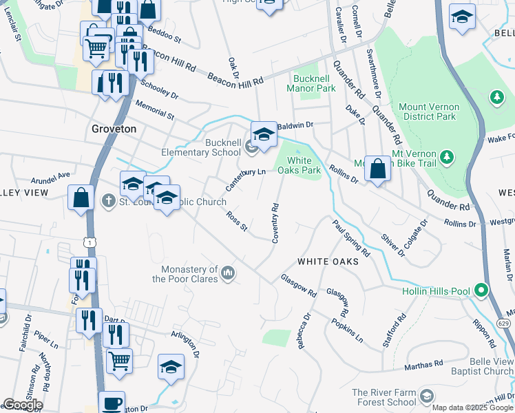 map of restaurants, bars, coffee shops, grocery stores, and more near 7033 Stanford Drive in Alexandria