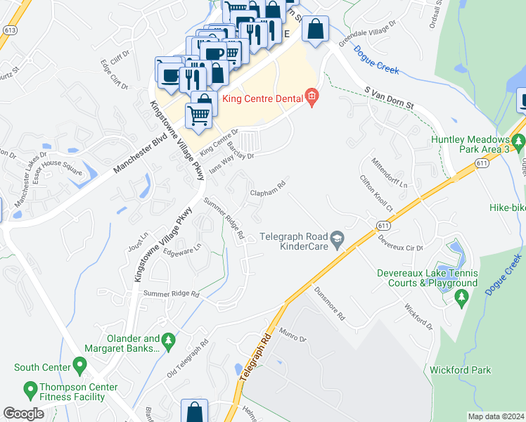 map of restaurants, bars, coffee shops, grocery stores, and more near 7021 Fieldhurst Court in Alexandria