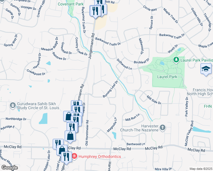 map of restaurants, bars, coffee shops, grocery stores, and more near 135 Spring Leaf Drive in St. Peters