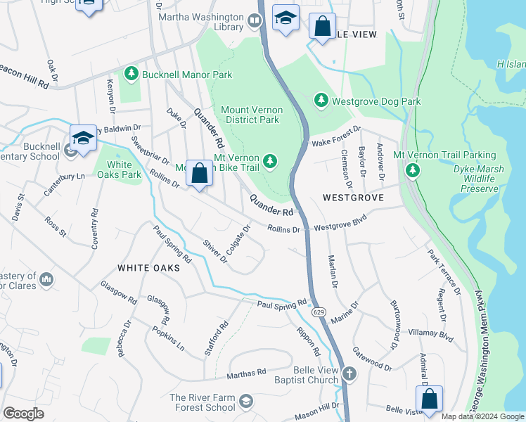 map of restaurants, bars, coffee shops, grocery stores, and more near 7028 Quander Road in Alexandria