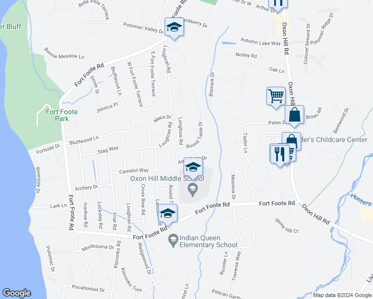 map of restaurants, bars, coffee shops, grocery stores, and more near 500 Round Table Drive in Fort Washington
